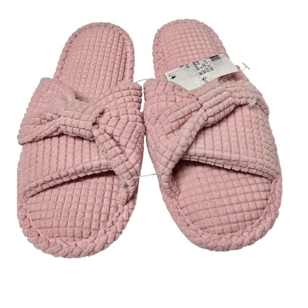 Charter Club Pink Waffle Knit Bow Spa Slippers Small 5-6 Slide House Shoes NWT